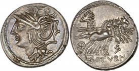 Lucius Appuleius Saturninus ( 104 av J.-C.) - Ar - Denier - Rome.
A/ Tête casquée de Rome à gauche.
R/ Exergue: LSAT VRN,
Saturne dans un quadrige ...