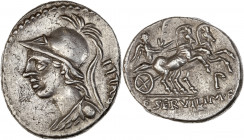 P. Servilius M.f. Rullus (100 av J.-C.) - Ar - Denier - Rome.
A/ RVLLI,
buste de Pallas casqué à gauche,
R/ Exergue: P, exergue: SERVILI M F,
la V...