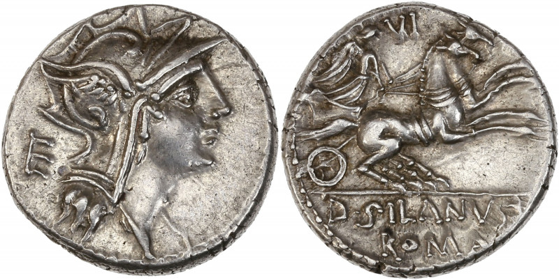 Junius. D. Junius Silanus L.f (91 av J.-C.) - Ar - Denier - Rome.
A/ Tête casqu...
