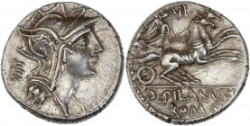 Junius. D. Junius Silanus L.f (91 av J.-C.) - Ar - Denier - Rome.
A/ Tête casquée de Rome à droite, à gauche, la lettre E.
R/ D SILANVS L F, exergue...