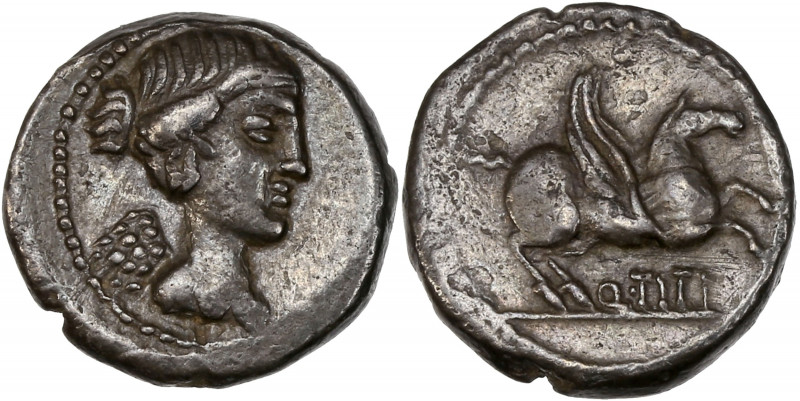 Quintus Titius (90 av J.-C.) - Ar - Quinaire - Rome.
A/ La Victoire ailée et dra...