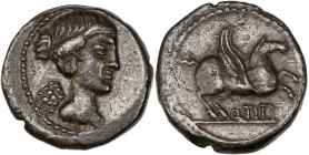 Quintus Titius (90 av J.-C.) - Ar - Quinaire - Rome.
A/ La Victoire ailée et drapée à droite. 
R/ Q TITI,
Pégase à droite.
13mm - 2.05g - TTB