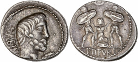 L. Titurius L.f. Sabinus (89 av J.-C) - Ar - Denier - Rome. 
A/ SABIN,
Tête de Tatius à droite et épi de blé à droite.
R/ L TITVRI,
Tarpeia au centre ...