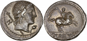 Publius Crepusius (82 av. J.-C.) - Ar - Denier - Rome. 
A/ Apollon lauré à droite, un sceptre sur son épaule, 
à gauche, la lettre H, une grenade sous...
