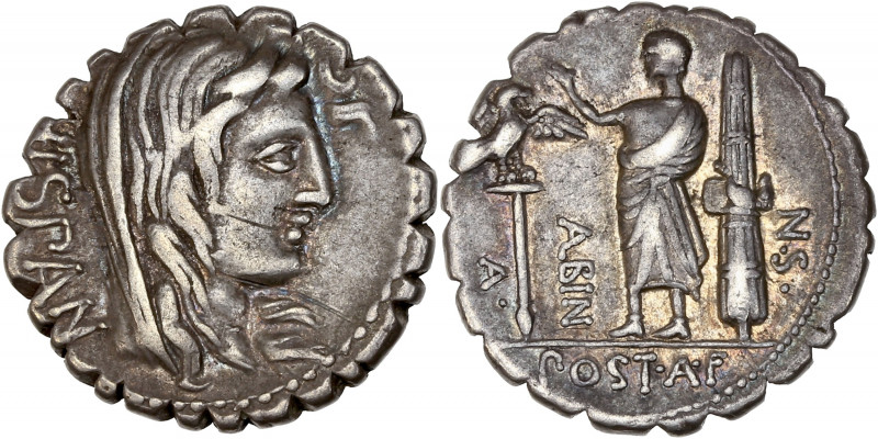 Postumius Albinus (81 av J.-C.) - Ar - Denier - Rome.
A/ HISPAN,
tête d'Hispanie...