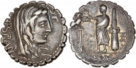 Postumius Albinus (81 av J.-C.) - Ar - Denier - Rome.
A/ HISPAN,
tête d'Hispanie à droite.
R/ A ABIN N S, exergue: POST A F,
Gotogate debout à gauche,...
