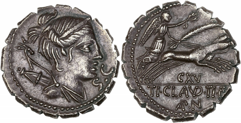 Ti. Claudius Nero ( 79 av J.-C.) - Ar - Denier - Rome.
A/ SC,
buste de Diane à d...
