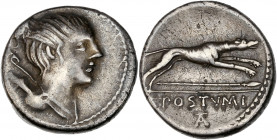 Caius Postumius (74 av J.-C.) - Ar - Denier - Rome.
A/ buste de Diane à droite, portant un carquois sur son épaule.
R/ C POSTVMI A, 
chien à droite.
1...