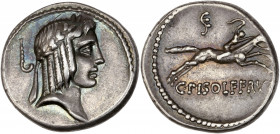 Lucius Calpurnius Piso Frugi (67 av J.-C.) - Ar - Denier - Rome.
A/ Calpurnia à droite.
R/ CPISOLFFAV, ξ , 
Cavalier galopant à droite.
17mm - 3.72g -...