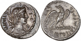 M. Plaetorius M.f. Cestianus (67 av JC.) - Ar - Denier - Rome.
A/ CESTIANVS S C,
Gottheit casqué à droite.
R/ M PLAETORIVS M F AED CVR,
aigle de face ...