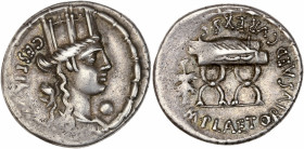 M. Plaetorius M.f. Cestianus (67 av JC.) - Ar - Denier - Rome.
A/ CESTIANVS,
buste de Cybèle à droite.
R/ M PLAETORIVS AED CVR EX,
chaise curule.
18mm...