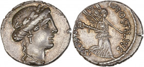 L. Hostilius Saserna ( 48 av J.-C.) - Ar - Denier - Rome.
A/ Femme diadémée à droite.
R/ L HOSTILIVS SASERNA,
la Victoire tenant un caducée et un trop...