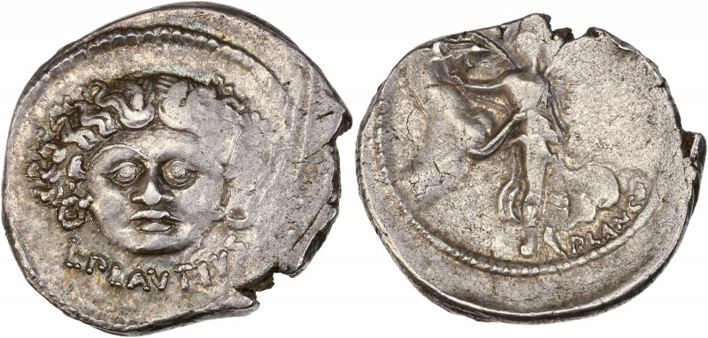 L. Plautius Plancus (47 av. J-C) - Ar - Denier- Rome. 
A/ L PLAVTIVS,
Tête de Mé...