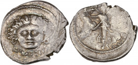 L. Plautius Plancus (47 av. J-C) - Ar - Denier- Rome. 
A/ L PLAVTIVS,
Tête de Méduse de face. 
R/ PLANCVS,
Aurore ailée et conduisant les quatre cheva...