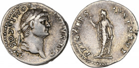 Domitien (69-96 apr. J.-C.) - Ar - Denier - Rome. 
A/ CAESAR AVG F DOMIT COS III,
tête laurée de Domitien à droite. 
R/ PRINCEPS IVVENTVT,
Spes debout...