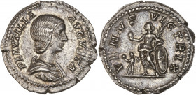 Plautilla (202-205 apr J.-C.) - Ar - Denier - Rome.
A/ PLAVTILLA AVGVSTA,
Plautilla drapée à droite.
R/ VINVS VICTRIX,
Vénus debout à gauche, son ...