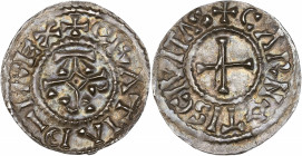 Charles le Chauve (840-877) - Argent - Denier - Chartres.
A/ CRΛTIΛ D I REX,
Croix.
R/ CΛRNOTIS CIVITΛS,
Monogramme KAROLVS.
19mm - 1.67g - SUP