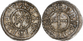 Charles le Chauve (840-877) - Argent - Denier - Orleans.
A/ CRΛTIΛ D I REX,
Croix.
R/ AVRELIANIS CIVITΛS,
Monogramme KAROLVS.
20mm - 1.80g - TTB