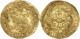 Charles VII (1422-1461) - Or - Agnel d'or.
A/ GꞂ' D'I QVI TOLL PCCA MVDI MISЄRЄRЄ ꞂOB,
Agneau pascal à gauche, la tête à droite, portant un nimbe cr...