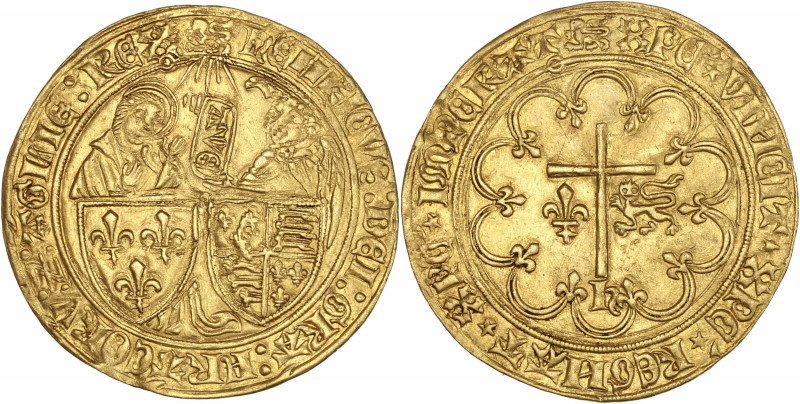Henri VI d'Angleterre (1422-1453) - Salut d'or 2e émission - Rouen .
A/ HENRICVS...