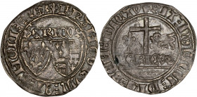 Henri VI d'Angleterre (1422-1453) - Billon - Blanc aux écus - Saint-Lô. 
A/ Légende extérieur: FRAHCORVM ET AHGLIE REX; légende au-dessus des écus: HE...