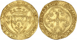Charles VII (1422-1461) Or - Écu d'or à la couronne - Tournai.
A/ KAROLVS DEI GRACIA FRANCORVM REX,
ecu de France couronné, de part et d'autre, couron...
