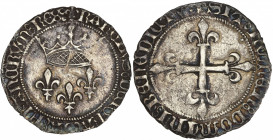 Charles VII (1422-1461) - Ar - Gros de roi - Montpellier.
A/ KAROLVS DEI GRA FRANCORVM REX,
Trois lys, au-dessus, une couronne.
R/ SIT NOMEN DOMINI BE...