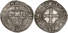 Louis XI (1461-1483) - Billion - Blanc au soleil - Troyes.
A/ DVDOVICVS FRANCORVM REX,
Trois lys dans un double triobole.
R/ SIT NOMEN DNI BENEDICTVM,...