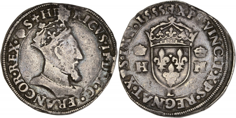 Henri II (1547-1559) - Argent - Teston à la tête couronnée 1555 L - Bayonne.
A/ ...