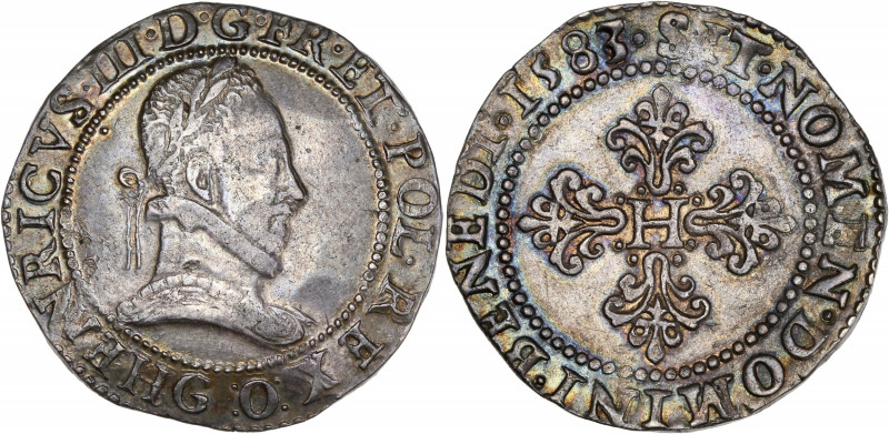 Henri III (1574-1589) - Argent - Franc au col plat 1583 - Poitiers.
A/ HENRICVS...