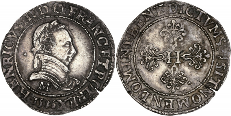 Henri III (1574-1589) - Argent - Franc au col plat 1586 M - Toulouse.
A/ HENRIC...