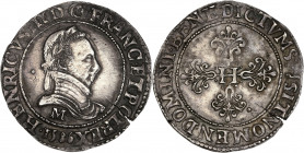 Henri III (1574-1589) - Argent - Franc au col plat 1586 M - Toulouse.
A/ HENRICVS III D G FRANC ET POL REX 1586 M,
Buste d'Henri III, lauré et cuira...