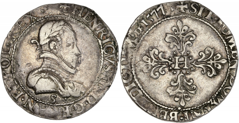 Henri III (1574-1589) - Argent - 1/2 Franc au col plat 1577 S - Troyes.
A/ HENR...