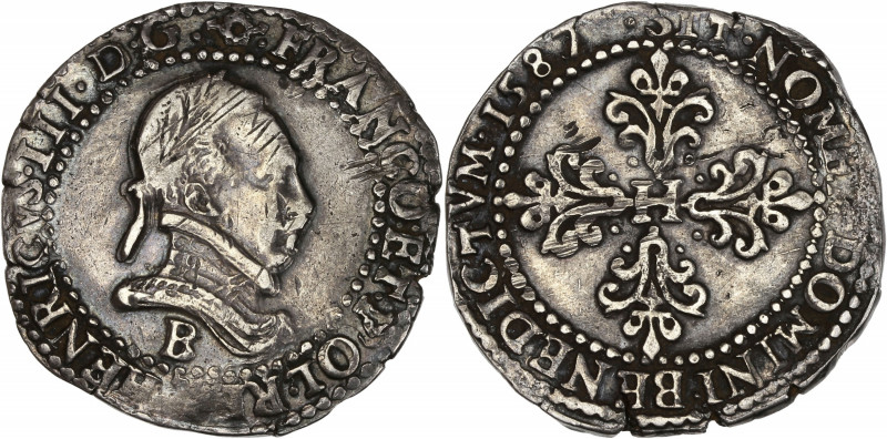 Henri III (1574-1589) - Argent - 1/2 Franc au col plat 1587 B - Rouen.
A/ HENRI...