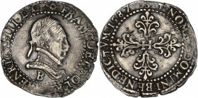 Henri III (1574-1589) - Argent - 1/2 Franc au col plat 1587 B - Rouen.
A/ HENRICVS III D G FRANCO ET POL REX B,
Buste d'Henri III, lauré et cuirassé...