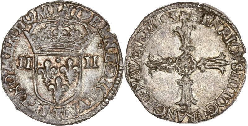 Henri IV (1589-1610) - Argent - Quart d'écu croix feuillue 1603 T - Nantes. 
A/ ...