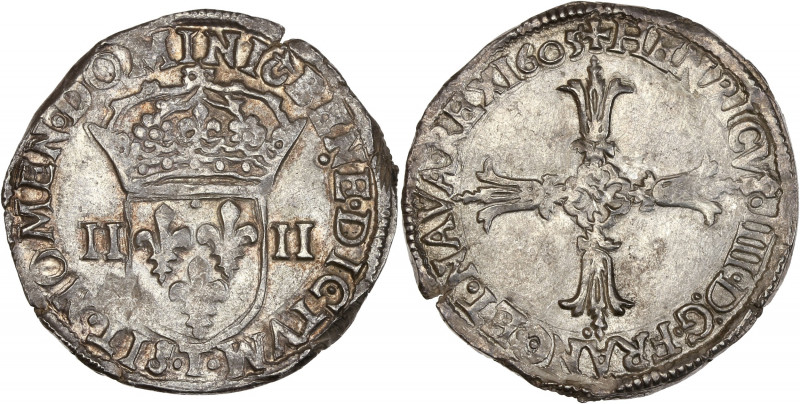 Henri IV (1589-1610) - Argent - Quart d'écu croix feuillue 1605 - T Nantes.
A/ H...