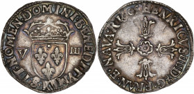 Henri IV (1589-1610) - Argent - Huitième d'écu croix feuillue - 2e type 1605 K - Bordeaux.
A/ SIT NOMEN DOMINI BENEDITVM K,
Écu couronné accosté de de...
