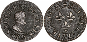 Henri IV (1589-1610) - Cuivre - Double tournois 1599 A - 2e type - Paris.
A/ HENRI IIII R DE FRAN ET NAV A,
Buste d'Henri IV lauré. 
R/ DOVBLE TOVRNOI...