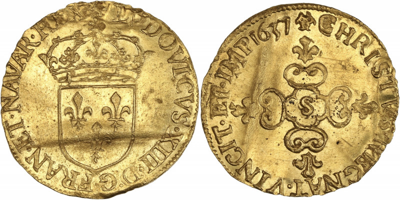 Louis XIII (1610-1643) - Or - Écu d'or au soleil 1637 S - 1er type - Troyes.
A/ ...