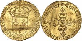 Louis XIII (1610-1643) - Or - Écu d'or au soleil 1637 S - 1er type - Troyes.
A/ LVDOVICVS XIII D G F ET NAV REX,
Écu couronné de france. 
R/ CHRISTVS ...