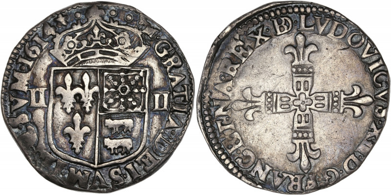 Louis XIII (1610-1643) - Argent - Quart d'écu de Béarn 1614 - Morlaàs.
A/ LVDOVI...