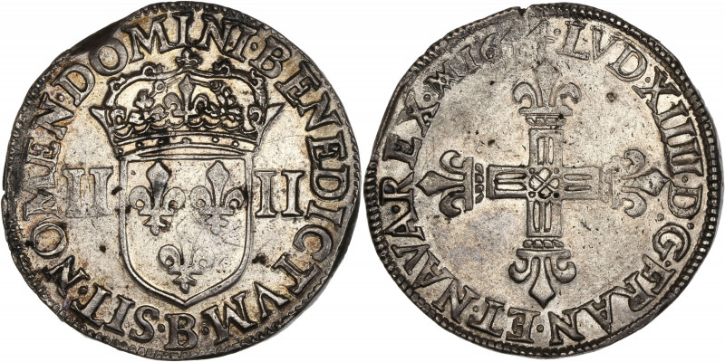 Louis XIV (1643-1715) - Argent - Quart d'écu croix fleurdelisée et bâtonné 1644 ...
