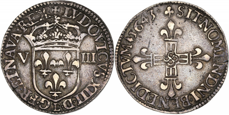 Louis XIII (1610-1643) - Argent - Huitième d'écu 1643 E - 1er type - Tours.
A/ ...