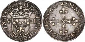 Louis XIII (1610-1643) - Argent - Huitième d'écu 1643 E - 1er type - Tours.
A/ LVDOVIC XIII D L G FRAN ET NAV REX,
écu de France couronné, de part e...