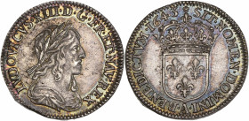 Louis XIII (1610-1643) - Argent - 1/12 Écu buste drapé 1643 A - 2ème Poinçon - Paris.
A/ LVDOVICVS XIIII D G FR ET NAV REX,
Louis XIII, lauré et dra...
