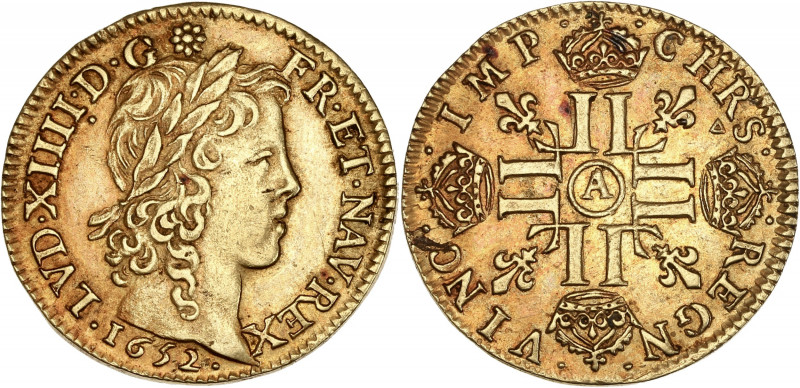 Louis XIV (1643-1715)- Or - Louis d'or à la mèche longue 1652 A - Paris.
A/ LVD...