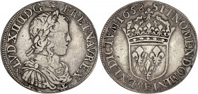 Louis XIV (1643-1715) - Argent - Demi-écu à la mèche longue 1658 E - Tours.
A/ LVD XIIII D G FR ET NAV REX,
Louis XIV, lauré et cuirassé à droite.
...