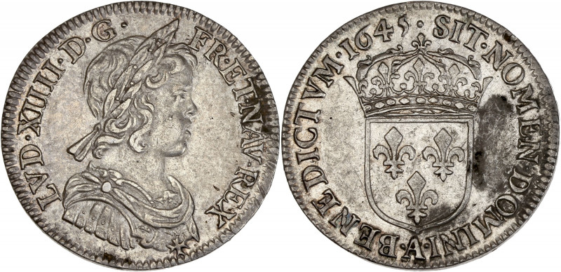 Louis XIV (1643-1715) - Argent - 1/4 d'écu à la mèche courte 1645 A - Paris.
A/...