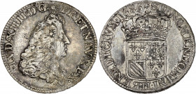 Louis XIV (1643-1715) - Argent - Quart d'écu de Flandre 1686 LL - Lille.
A/ LVD XIIII D G FR ET NAV REX,
Louis XIV, drapé à droite.
R/ SIT NOMEN DO...